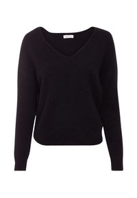 Sort v-hals sweater lavet af blød, tekstureret stof med lange ærmer og en afslappet pasform, med et syet etiket ved halsudskæringen.
