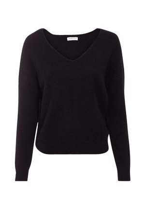 Maglione nero a collo a V realizzato in un morbido tessuto testurizzato, con maniche lunghe e vestibilità rilassata, caratterizzato da un'etichetta cucita all'altezza del colletto.
