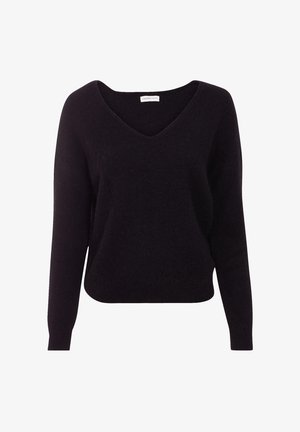 Pull noir à col en V fabriqué en tissu doux et texturé, avec des manches longues et une coupe décontractée, présentant une étiquette cousue au niveau de l'encolure.