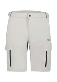 Ljusgrå cargoshorts med två sidofickor, framknäppning och svarta accentlinjer på fickorna. Tillverkade av slitstark, slät tyg.
