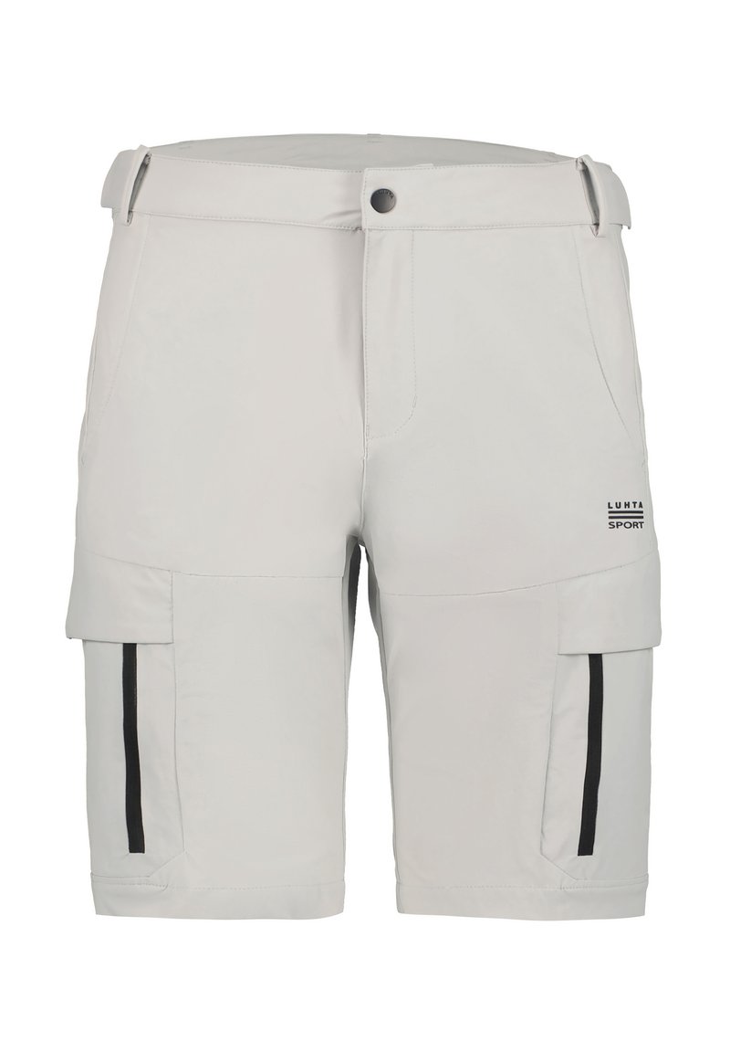 Ljusgrå cargoshorts med två sidofickor, framknäppning och svarta accentlinjer på fickorna. Tillverkade av slitstark, slät tyg.