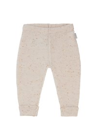 Strikkede beige bukser med et struktureret mønster og små orange prikker, elastisk talje og opsmøg ved anklerne.