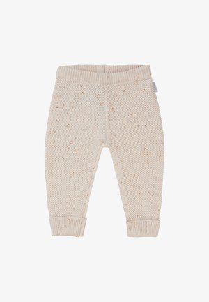Gehaakte beige broeken met een textuurpatroon en kleine oranje spikkels, elastische tailleband en geborduurde enkels.