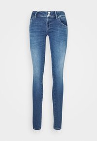 Smala jeans i mörkblå denim med knapplinning, bälteslingor och traditionell femficksdesign med lätt blekning.