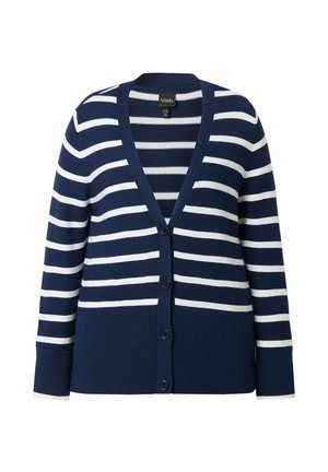Cardigan bleu marine à rayures horizontales blanches, col en V, manches longues et quatre boutons à l'avant.