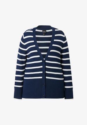 Marineblauwe cardigan met witte horizontale strepen, V-hals, lange mouwen en vier knopen aan de voorkant.