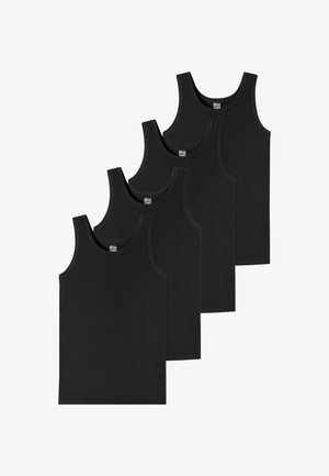 Sæt af fire sorte bomulds tanktoppe med et klassisk design, brede skulderstropper og et åndbart materiale. Hver har en rund halsudskæring.