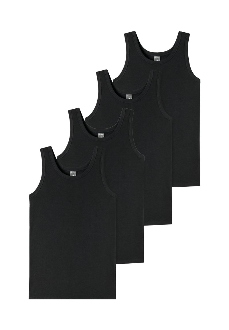 Ensemble de quatre débardeurs noirs en coton présentant un design classique, des bretelles larges et une texture respirante. Chacun dispose d'un col rond.