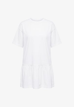 Abito casual bianco con maniche corte, vita bassa e gonna arricciata, scollo semplice rotondo, vestibilità morbida.