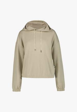 Vaaleanbeige huppari, jossa on rento istuvuus, pitkät hihat, joustavat hihansuut ja kiristysnyörit. Sileä kangas ilman näkyviä kuvioita.