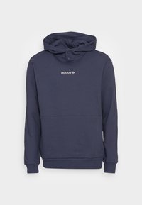 Marinblå Adidas-hoodie med framficka i känguruform, hög krage med två tryckknappar och liten vit Adidas-logotyp på bröstet.
