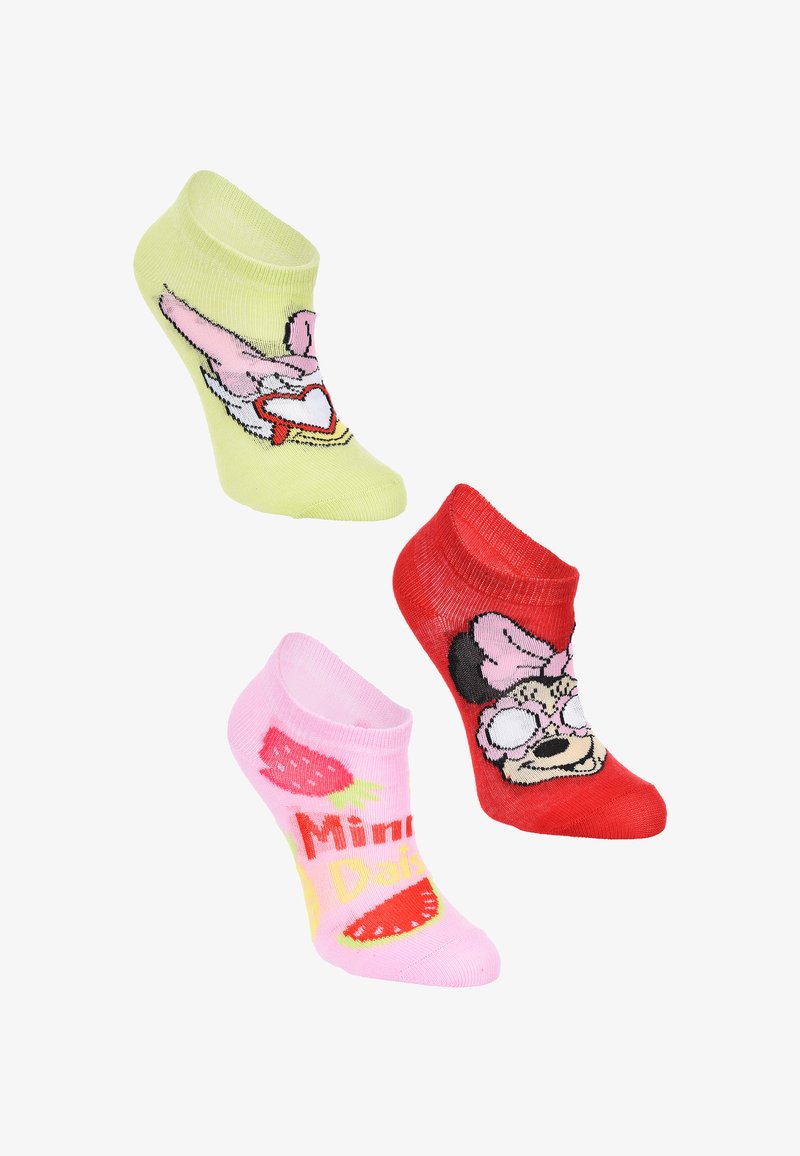Tres pares de calcetines coloridos: verdes limón con un patrón de corazones, rosas con fresas y rojos con un diseño de personajes.