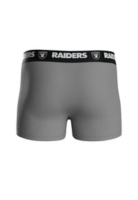 Bóxer gris con una cinturilla elástica negra que presenta la palabra "RAIDERS" y un logo. Textura suave y diseño ajustado.