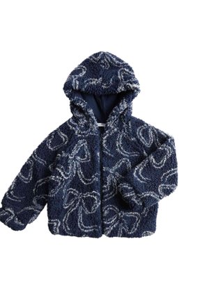 Giacca con cappuccio peloso blu navy con cerniera frontale e motivi astratti a loop grigio chiaro su tutto il tessuto.