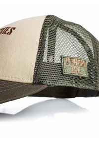 Bēša un brūna sieta stila kravas automašīnas cepure ar uzšūtu uzlāpsti, uz kuras rakstīts "VENOM CO.", uz sānu paneļa.