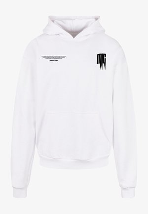 Weißer Pullover-Hoodie aus Baumwollmischung, mit einer vorderen Kängurutasche, gerippten Bündchen und schwarzem Grafiktext auf der Brust und dem Ärmel.