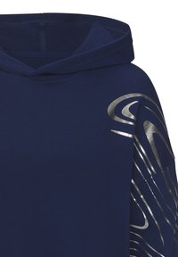 Navy blue hoodie with silver abstract design on the right sleeve; features a adjustable drawstring hood and soft texture.