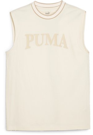Débardeur crème sans manches en coton, avec un col rond côtelé et un logo "PUMA" beige en relief sur le devant.