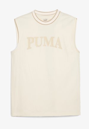 Débardeur crème sans manches en coton, avec un col rond côtelé et un logo "PUMA" beige en relief sur le devant.