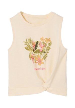 Sleeveless cream top with front knot, featuring a tropical design of three pink birds, green leaves, yellow flowers, and "tropical vibes" text.