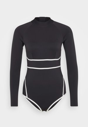 Black long-sleeve swimsuit featuring white accents, a high neckline, and breathable paneling. Made from stretchy material for comfort and mobility.