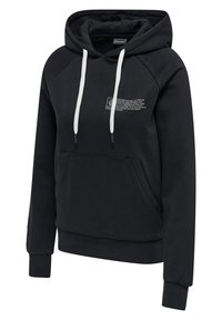 Czarna bluza z kapturem wykonana z mieszanki bawełny, z kieszenią z przodu, kapturem ze sznurkiem oraz białymi detalami na sznurku i logo.