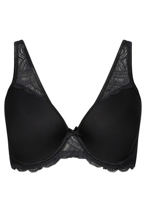 Soutien-gorge noir avec des détails en dentelle sur les bonnets et les bretelles, présentant un corps en tissu lisse et un petit nœud en accent au centre.