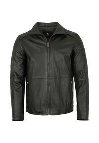 Schwarze Lederjacke mit Reißverschluss, großem Kragen und zwei Seitentaschen. Sie verfügt über eine glatte Textur und minimale Nahtdetails.