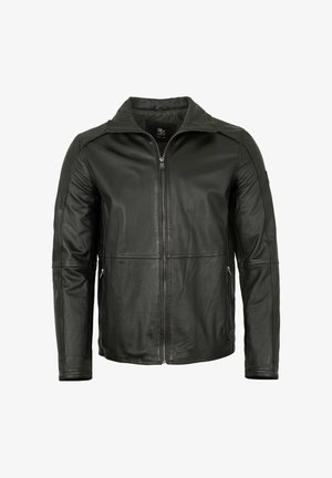 Schwarze Lederjacke mit Reißverschluss, großem Kragen und zwei Seitentaschen. Sie verfügt über eine glatte Textur und minimale Nahtdetails.