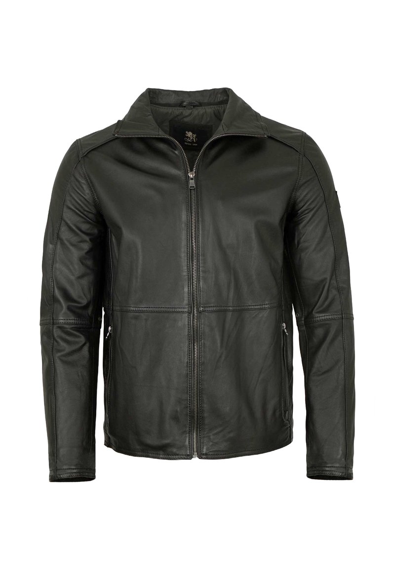 Schwarze Lederjacke mit Reißverschluss, großem Kragen und zwei Seitentaschen. Sie verfügt über eine glatte Textur und minimale Nahtdetails.