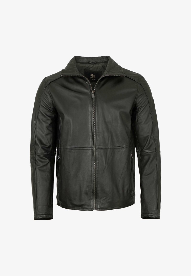 Schwarze Lederjacke mit Reißverschluss, großem Kragen und zwei Seitentaschen. Sie verfügt über eine glatte Textur und minimale Nahtdetails.