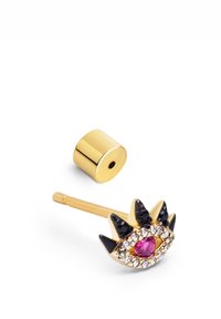 Orecchino a perno in oro con un design a occhio, con una pietra rosa centrale, circondata da accenti trasparenti e neri. Include un retro in oro.