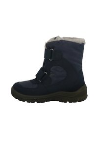 Bota tobillera azul marino con un suave forro de piel, dos correas ajustables y una suela texturizada para mayor agarre, fabricada con materiales duraderos.