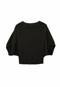 Sort cropped top med ribbet tekstur, brede ærmer og rund halsudskæring. Stoffet virker blødt og let elastisk. Logoetiket synlig.