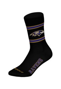 Schwarze Socken mit lila und goldenen Streifen, einem Raben-Logo an der Seite und dem fett gedruckten Schriftzug "RAVENS" an der Spitze.