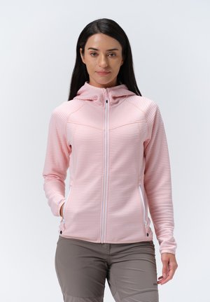 Chaqueta con cremallera de color rosa claro, con un diseño texturizado acanalado, capucha, bolsillos laterales y cremalleras blancas en contraste.