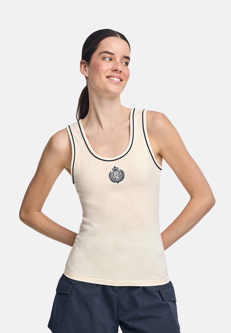 Canottiera beige con rifiniture nere, dotata di un logo ricamato centrale. Tessuto morbido, design aderente con grandi fori per le braccia e scollatura arrotondata.