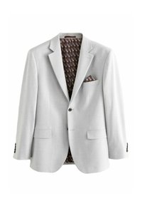 Hellgrauer Blazer aus strukturiertem Stoff, mit Reverskragen, zwei vorderen Taschen und einem gemusterten braunen Innenfutter mit geometrischem Design.