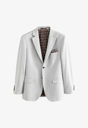 Hellgrauer Blazer aus strukturiertem Stoff, mit Reverskragen, zwei vorderen Taschen und einem gemusterten braunen Innenfutter mit geometrischem Design.