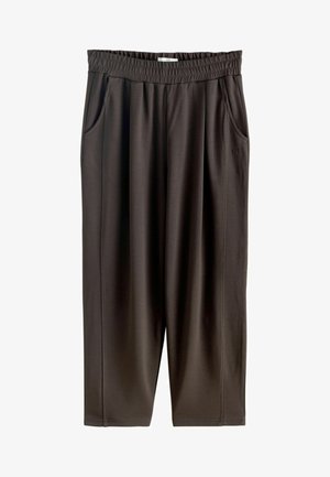 Tmavě hnědé kalhoty s elastickým pasem, bočními kapsami a volným střihem, zkrácené u kotníků, vyrobené z měkké, hladké látky.