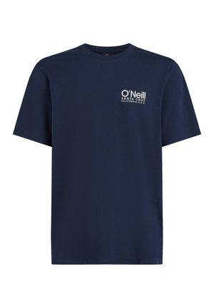 Marineblå bomulds T-shirt med korte ærmer, rund hals, med hvid "O'Neill Santa Cruz California U.S.A" logo på venstre side.