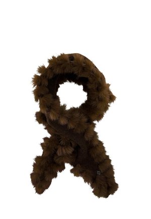 Dark brown fuzzy scarf with pom-pom-like textures arranged in a looped shape on a white background.