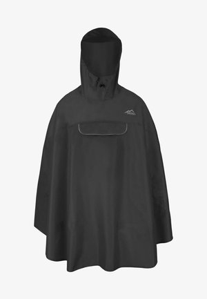 Schwarzer wasserdichter Poncho mit Kapuze, ausgestattet mit einer Vordertasche und verstellbarem Halsauschnitt. Glatte Textur und weiter Schnitt für bessere Abdeckung.