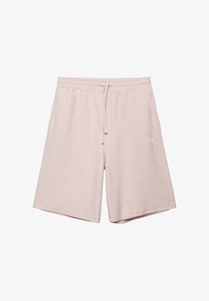 Hellrosa knielange Shorts mit elastischem Bund, Kordelzug, Seitentaschen und kleinem weißen Sticklogo am linken Oberschenkel.