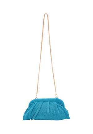 Borsa a pochette turchese con design arricciato, tessuto testurizzato e tracolla in oro. Le pieghe accentuano la forma e aggiungono profondità.
