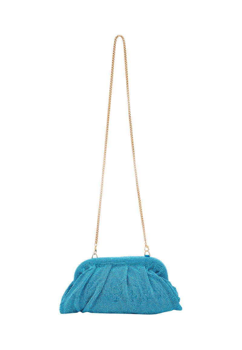 Borsa a pochette turchese con design arricciato, tessuto testurizzato e tracolla in oro. Le pieghe accentuano la forma e aggiungono profondità.