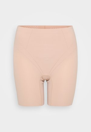 Skin-toned shapewear shorts with a smooth finish, mid-thigh length, featuring perforated design elements and a snug fit.