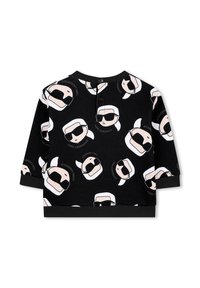 Felpa nera con stampa all-over di un personaggio dei cartoni animati che indossa occhiali da sole. Tessuto morbido con polsini e scollo a coste.