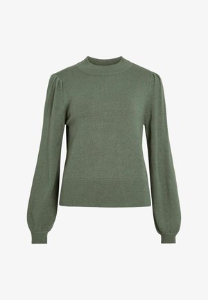 Grüner Strickpullover mit rundem Hals, puffierten langen Ärmeln und geripptem Saum sowie Bündchen. Glatte Textur, taillierte Silhouette und einfarbig.
