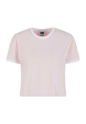 Cropped t-shirt rosa chiaro in cotone morbido con colletto e bordi manica a coste bianchi. Design semplice, maniche corte e senza pattern.